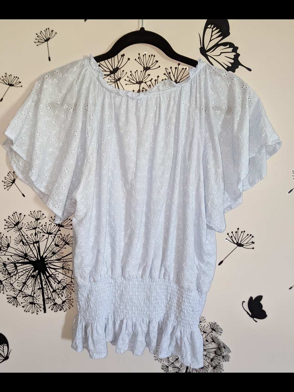 Light Blue Eyelet Flutter Sleeve Women's Top